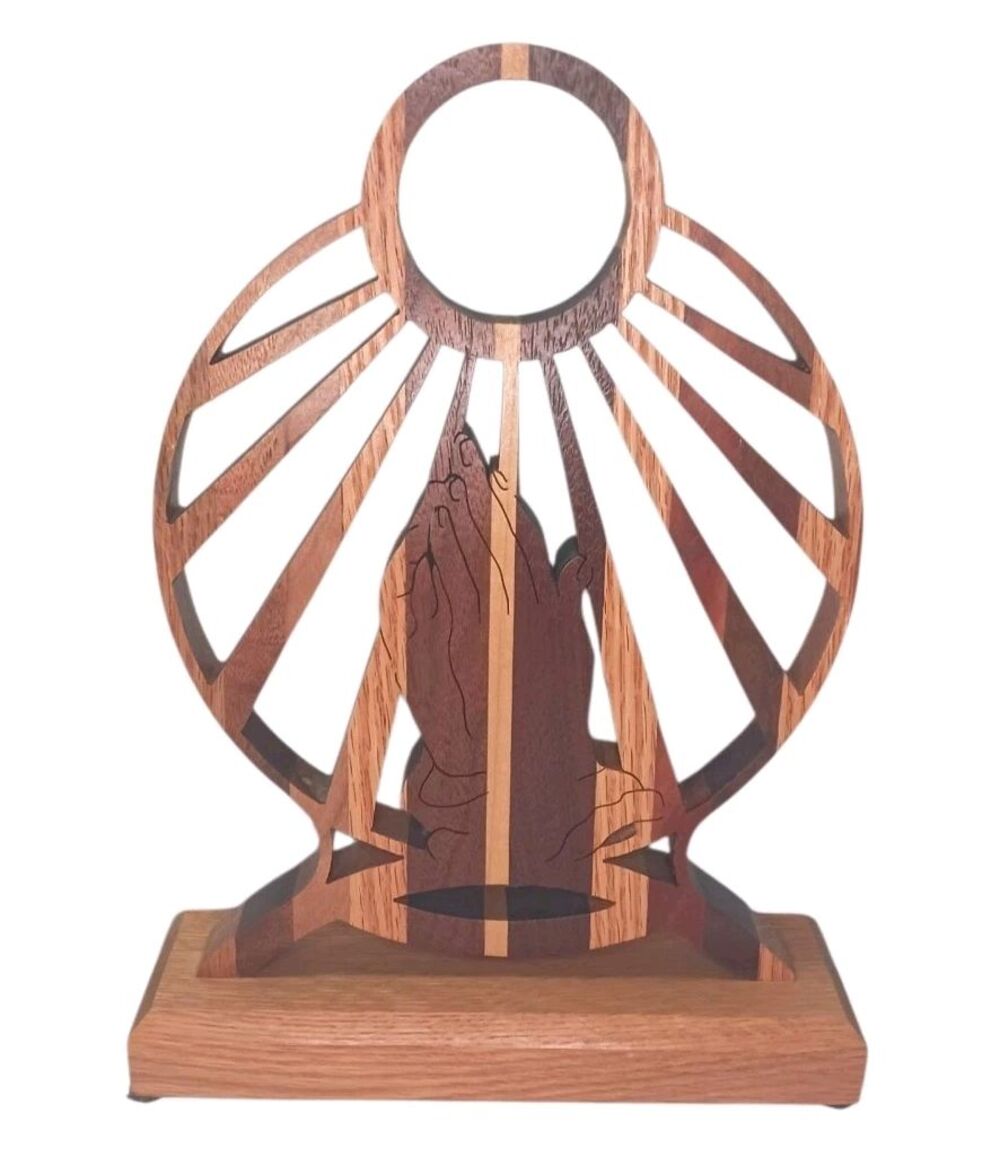 Hand Carved Wood Praying Hands Celestial Heavenly Rays Of Light Sculpture Figure